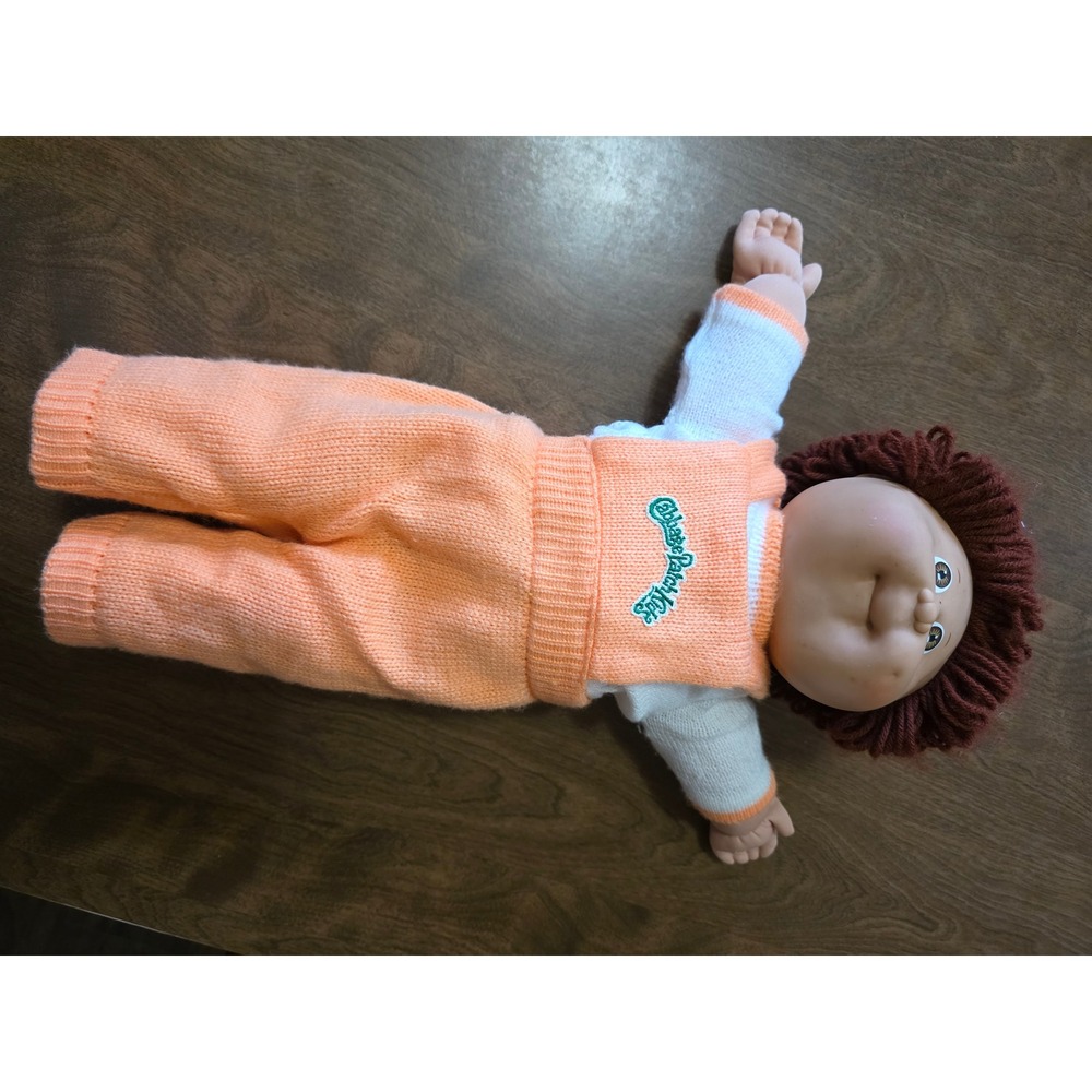 Vintage 1982 Cabbage Patch Kids Doll Coleco Brown Hair Orange Knit Outfit girls